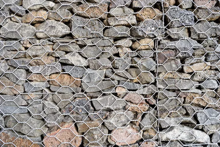 textured background gabion rock wall with wire meshed fence